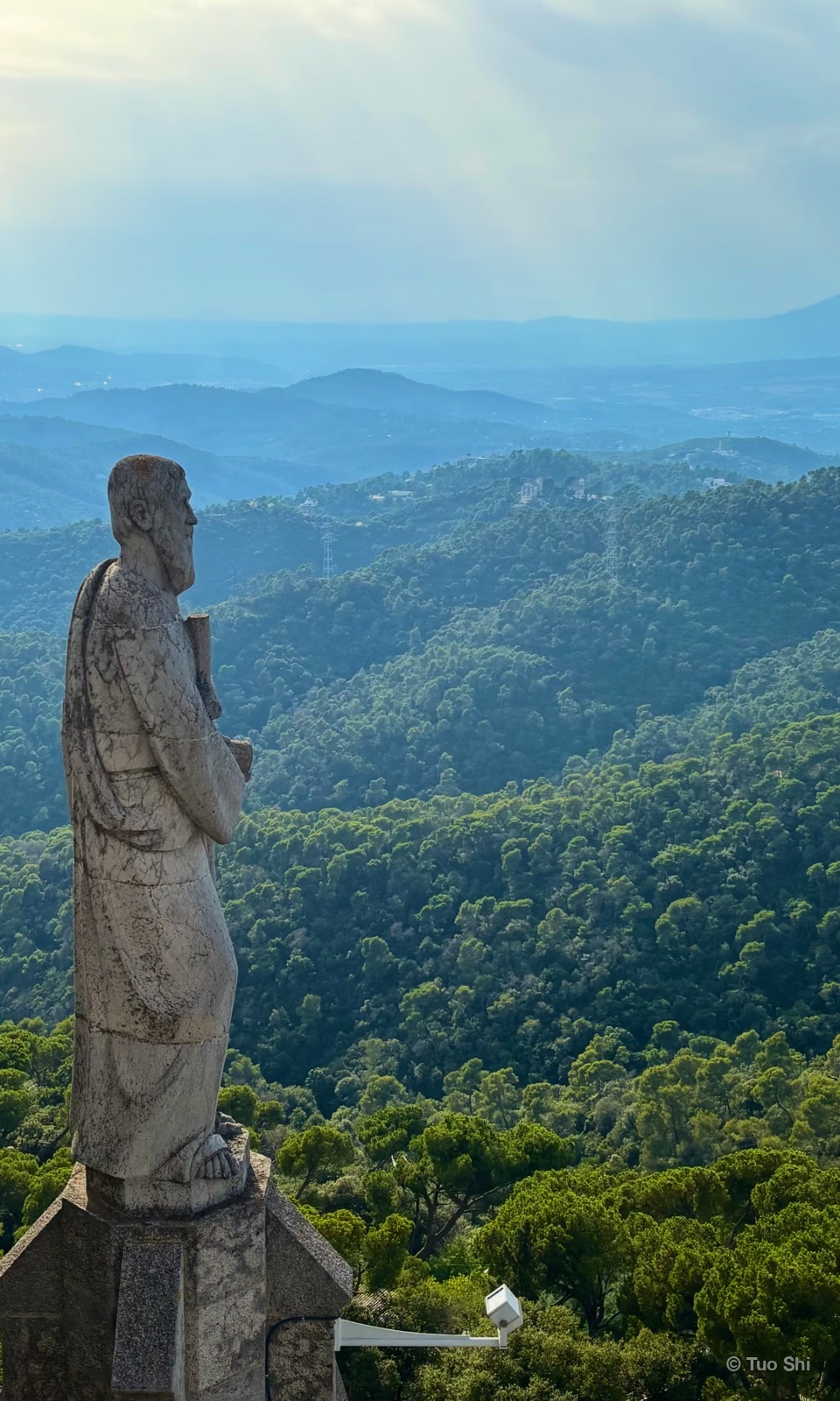 A stone statue of a saint overlooking forested hills under a hazy sky