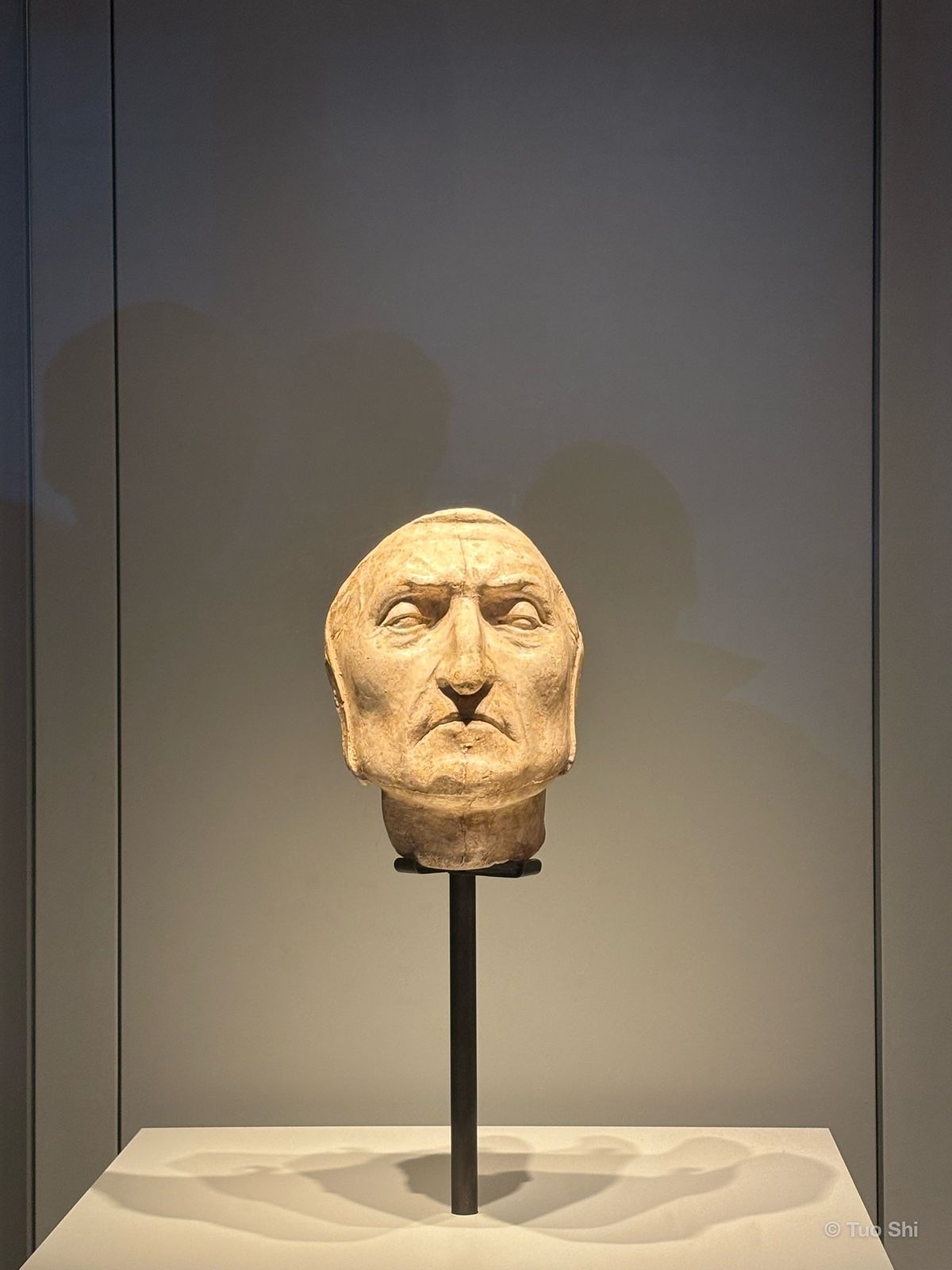 Dante's death mask displayed on a stand against a grey wall