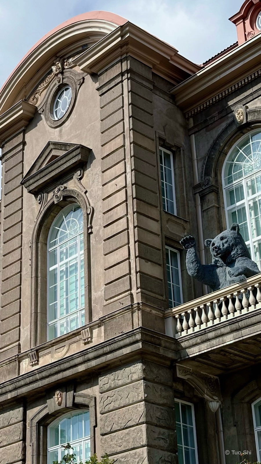 A stone bear raising its paw on the balcony of the Natural History Museum