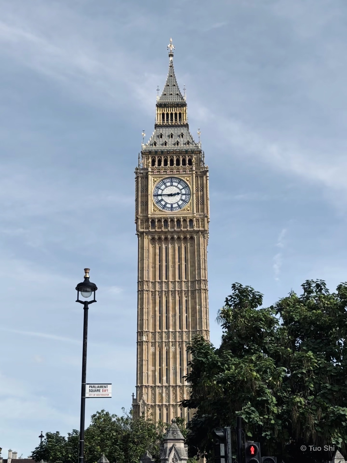 The Elizabeth Tower and its clock face rising above trees and a lamppost