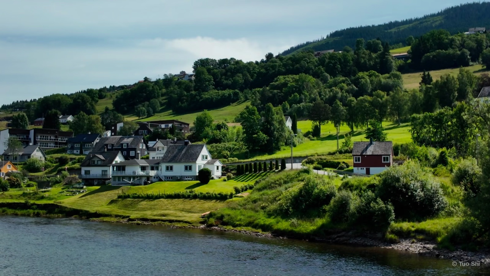White and red houses on a green hillside along the edge of a fjord